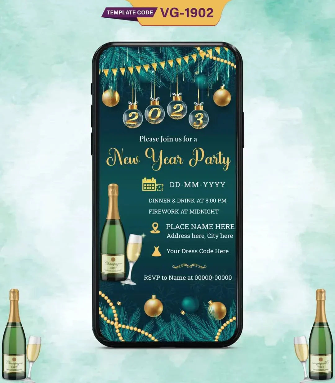 New Year Celebration Invitation | Elegant Midnight Party E-Invite | VG-1902